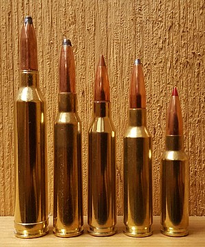 一些6.5毫米子弹的大小比较,从左到右:.264温彻斯特的代表作,瑞典,6.5×55毫米.260雷明顿,Creedmoor 6.5毫米,6.5毫米格伦德尔